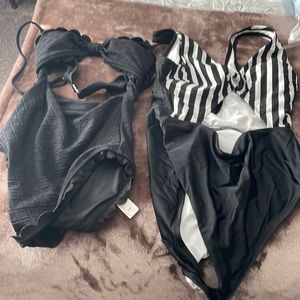New Cupshe Black Knotted Scalloped & Leona Striped Cutout One Piece Swimsuits